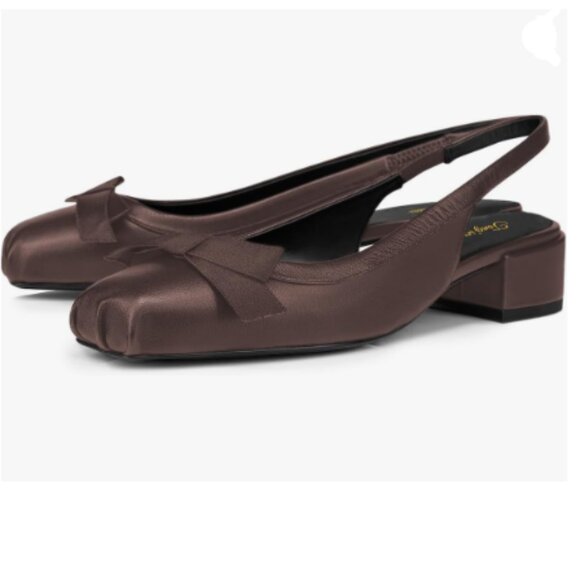 Tang'scuisins Brown Slingback Bow Knot Sandals Square Toe Block Low Heels Pump - Picture 1 of 8